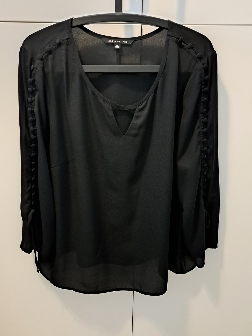 Zac & Rachel Black Sheer V-Neck Blouse with Button-Trim Sleeves